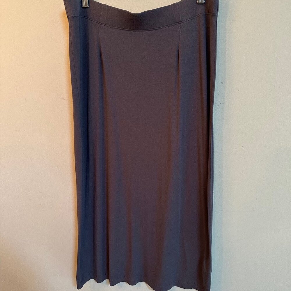 Vintage Eileen Fisher Gray Rayon Midi Skirt Elastic Waist Size Small Minimalist